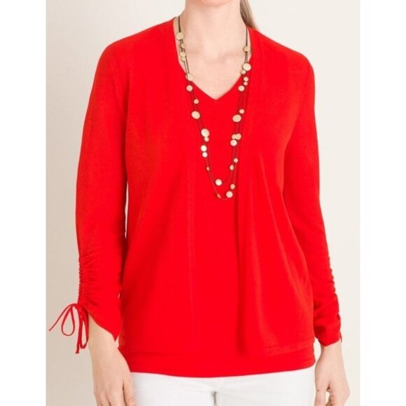 Chico's Ruched-Sleeve Cardigan Size 0 4 Vibrant Berry Red 3/4 Sleeve Open Front - Picture 2 of 6